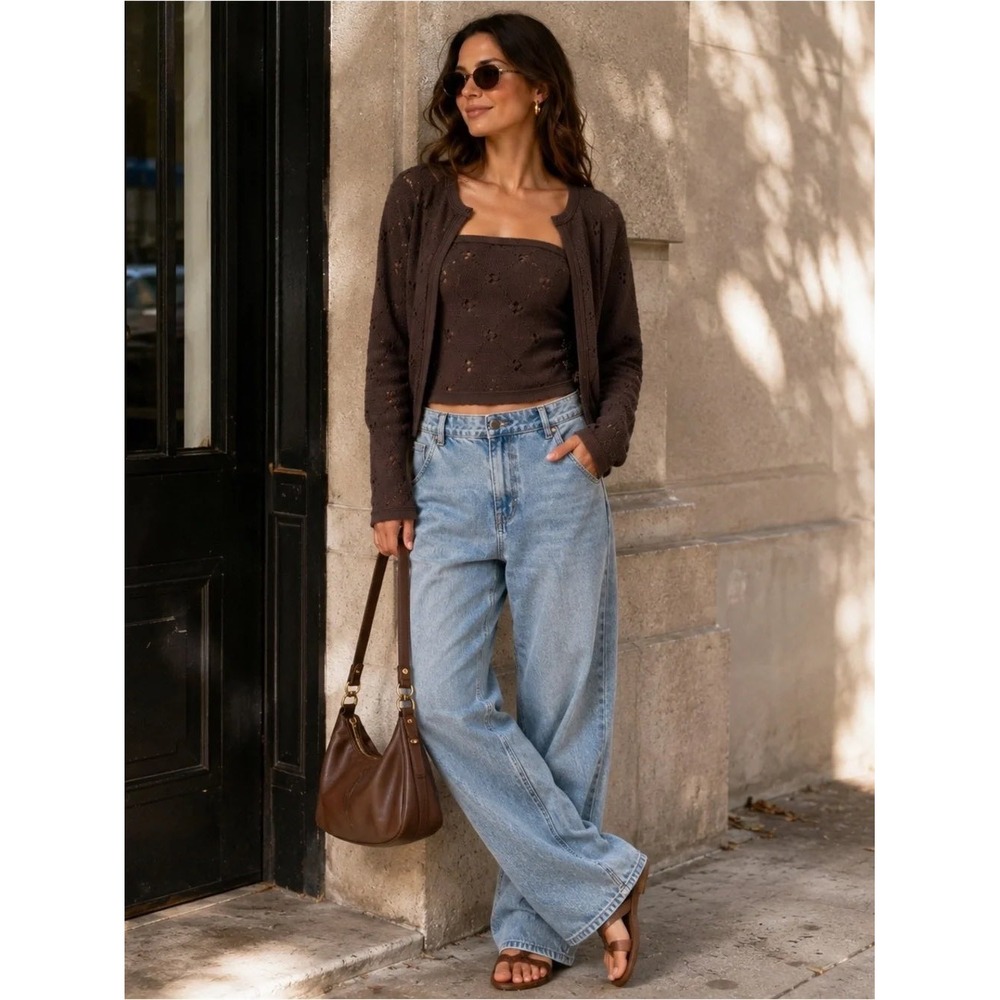 Caroline Constas Brown Pointelle Knit Cardigan and Tube Top Set NWT